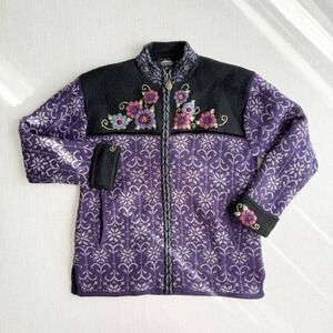 vtg Icelandic Design purple wool floral embroidered cardigan sweater‎